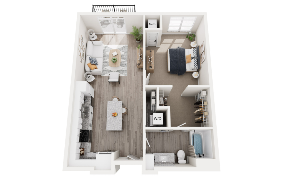 Shamrock A - 1 bedroom floorplan layout with 1 bath and 787 square feet. (3D)