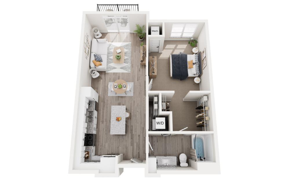 Emerald - 1 bedroom floorplan layout with 1 bathroom and 815 square feet (3D)