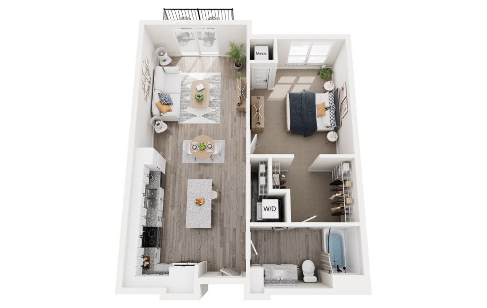 Emerald - 1 bedroom floorplan layout with 1 bath and 815 square feet. (3D)