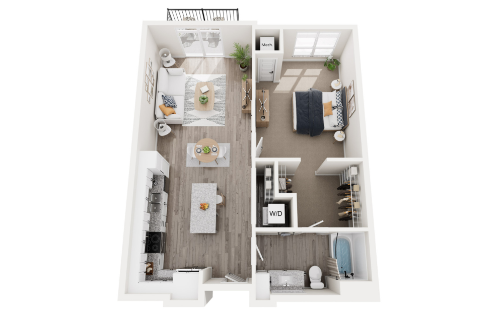 Galway - 1 bedroom floorplan layout with 1 bath and 828 to 834 square feet. (3D)