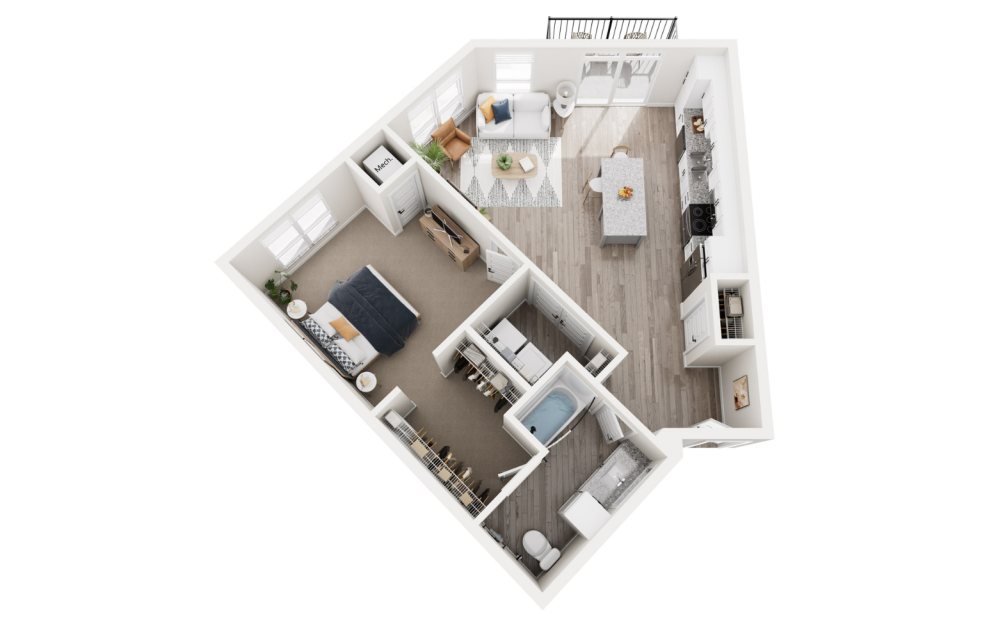 Kinsale - 1 bedroom floorplan layout with 1 bath and 891 square feet. (3D)