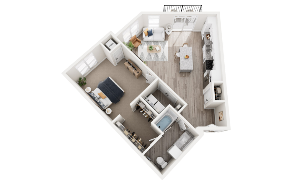 Derry - 1 bedroom floorplan layout with 1 bath and 908 square feet. (3D)