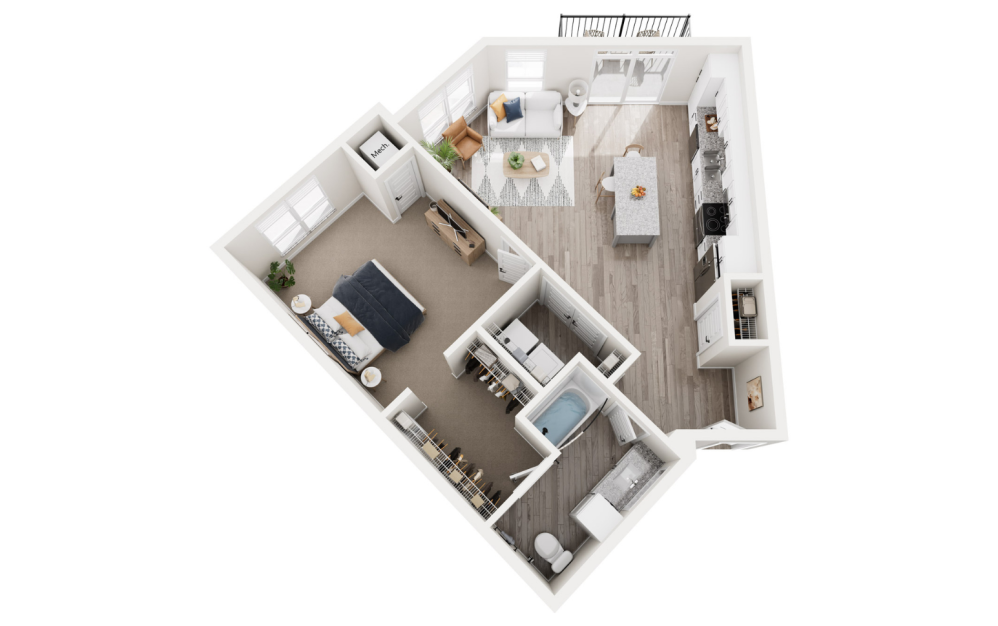 Derry - 1 bedroom floorplan layout with 1 bathroom and 908 square feet (3D)