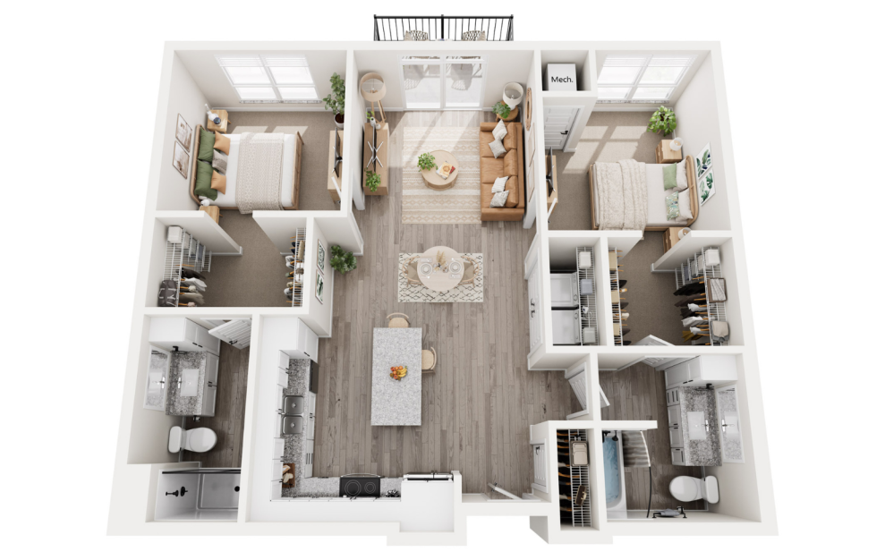 Waterford - 2 bedroom floorplan layout with 2 baths and 1086 square feet. (3D)