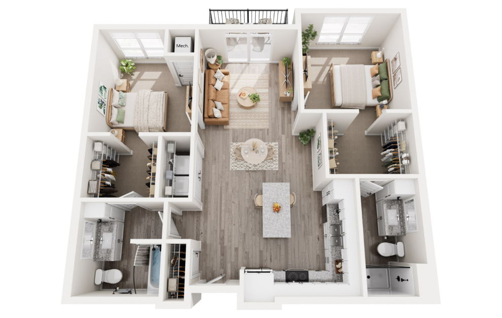 Dublin A - 2 bedroom floorplan layout with 2 baths and 1113 square feet. (3D)