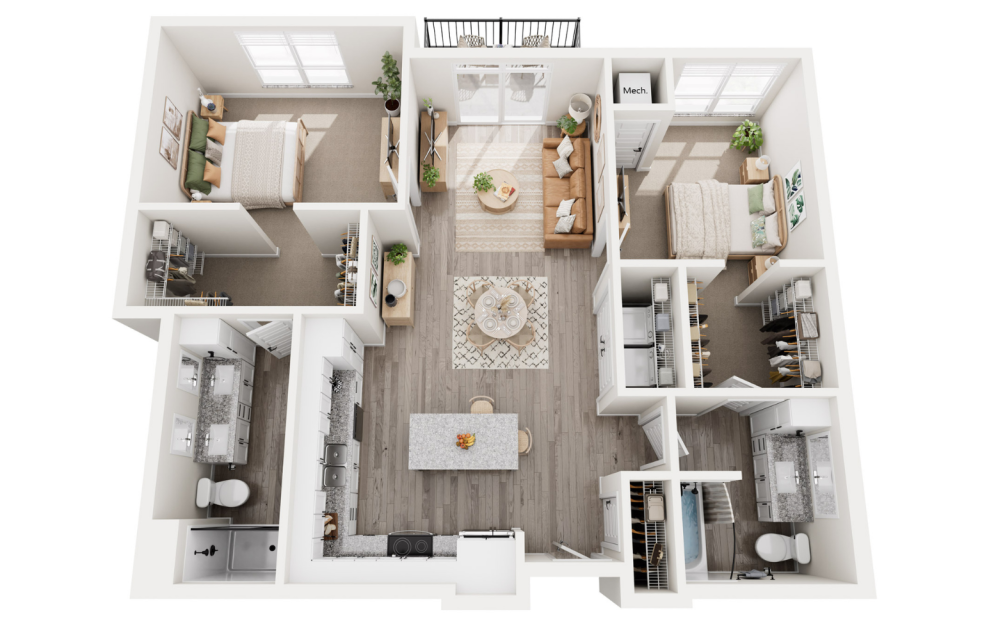 Blarney - 2 bedroom floorplan layout with 2 baths and 1159 square feet. (3D)