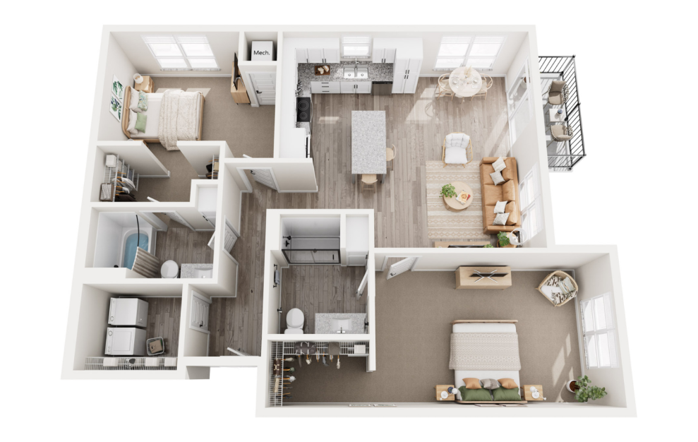 Belfast - 2 bedroom floorplan layout with 2 baths and 1276 square feet. (3D)