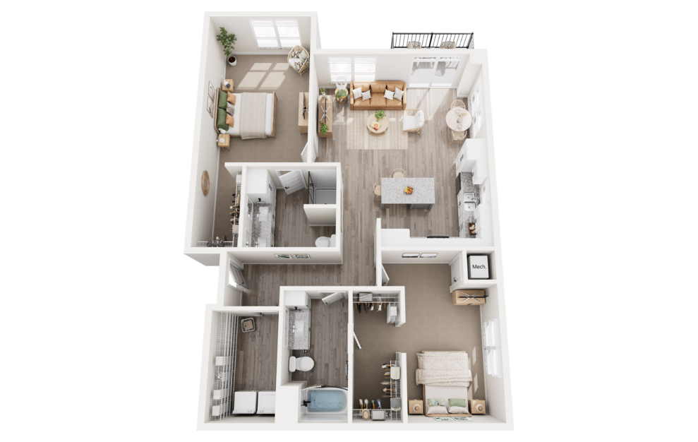 Cork - 2 bedroom floorplan layout with 2 baths and 1306 to 1381 square feet. (3D)