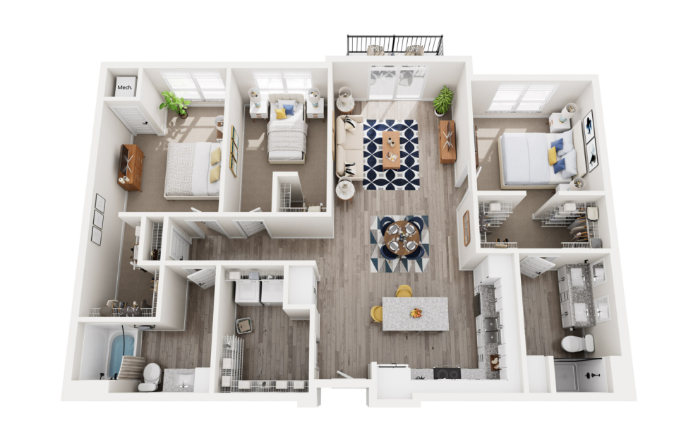 Castle - 3 bedroom floorplan layout with 2 baths and 1475 to 1504 square feet. (3D)