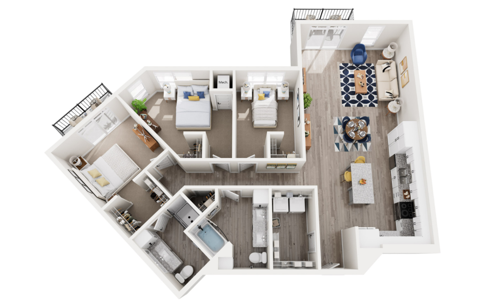 Chateu - 3 bedroom floorplan layout with 2 baths and 1564 to 1587 square feet. (3D)