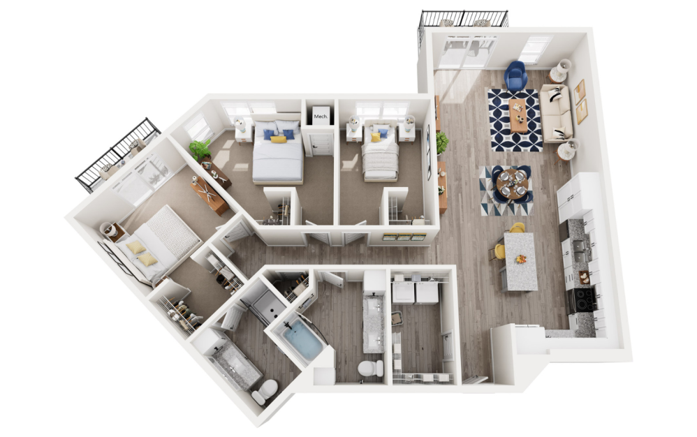 Chateu - 3 bedroom floorplan layout with 2 bathrooms and 1564 - 1587 square feet (3D)