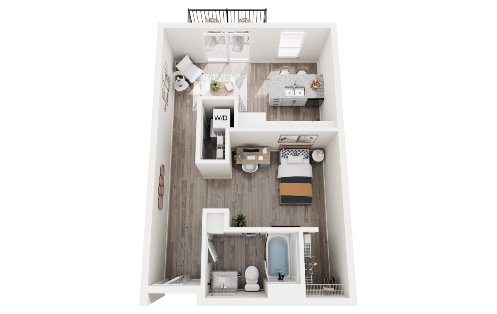 Isle - Studio floorplan layout with 1 bath and 602 square feet. (3D)