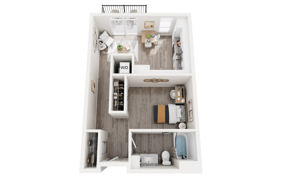 Willow - Studio floorplan layout with 1 bath and 602 square feet. (3D)