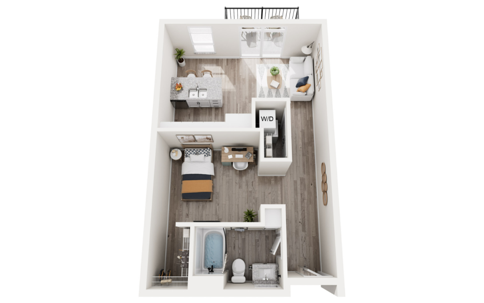 Fiddle - Studio floorplan layout with 1 bathroom and 626 - 634 square feet (3D)