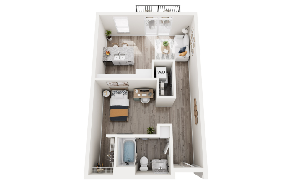 Fiddle - Studio floorplan layout with 1 bath and 626 to 634 square feet. (3D)