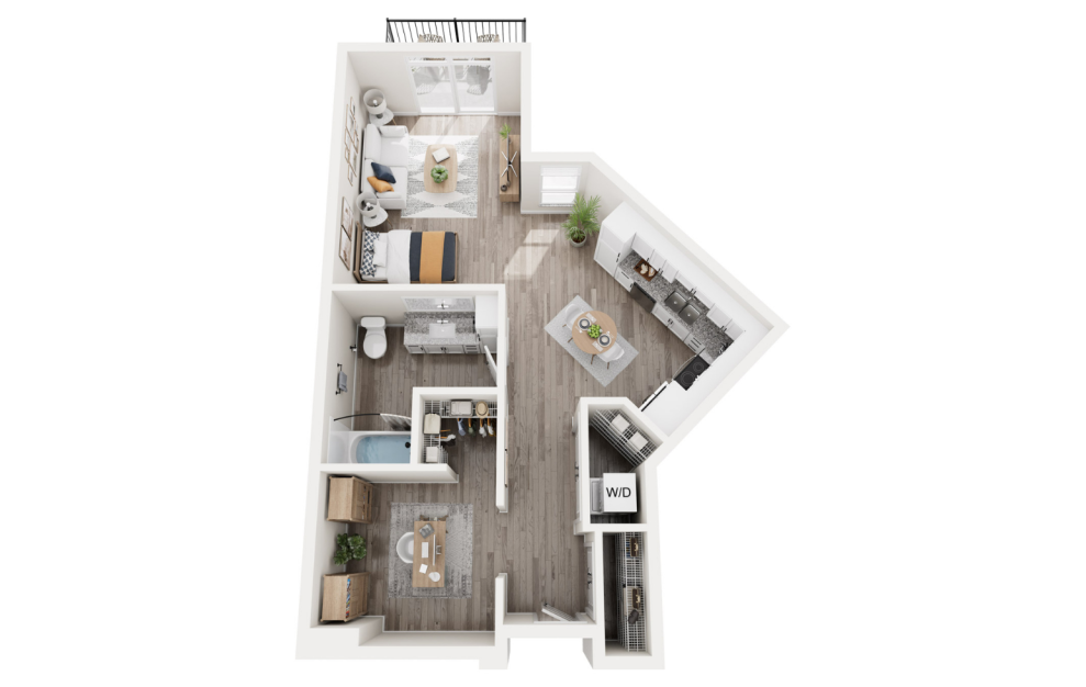 Harp - Studio floorplan layout with 1 bath and 766 square feet. (3D)