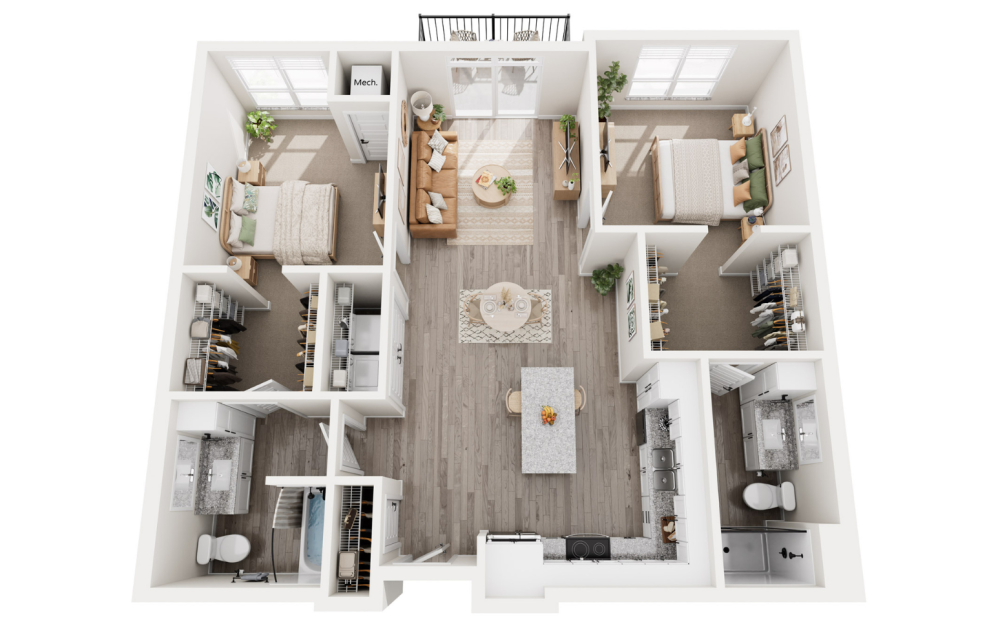 Dublin B - 2 bedroom floorplan layout with 2 bathrooms and 1113 square feet (3D)