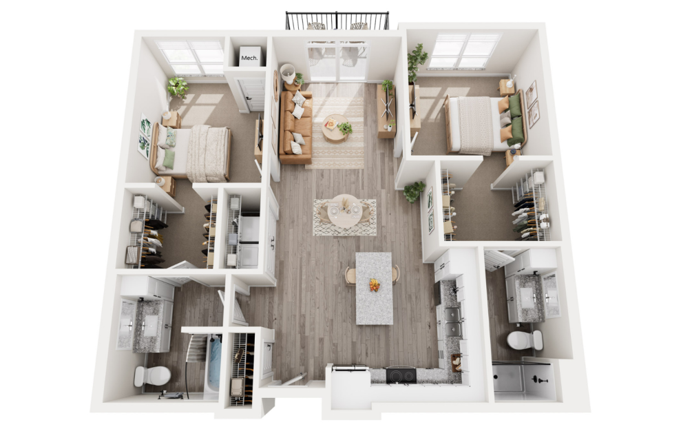 Dublin B - 2 bedroom floorplan layout with 2 baths and 1113 square feet. (3D)