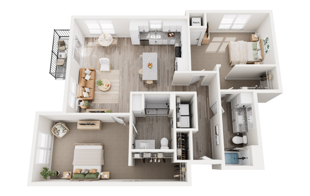 Limerick - 2 bedroom floorplan layout with 2 baths and 1295 to 1318 square feet. (3D)