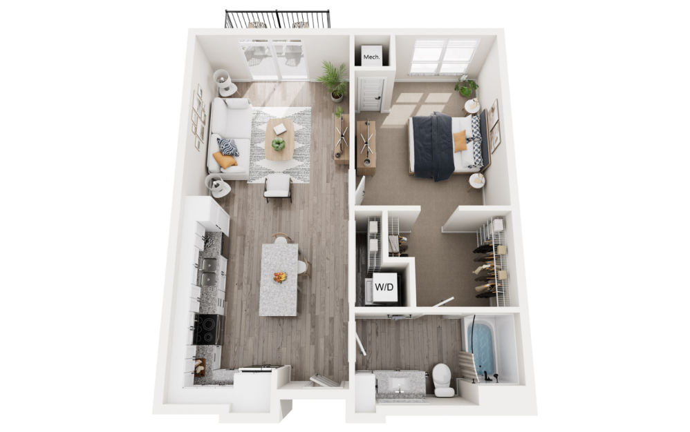 Shamrock B - 1 bedroom floorplan layout with 1 bathroom and 804 square feet (3D)